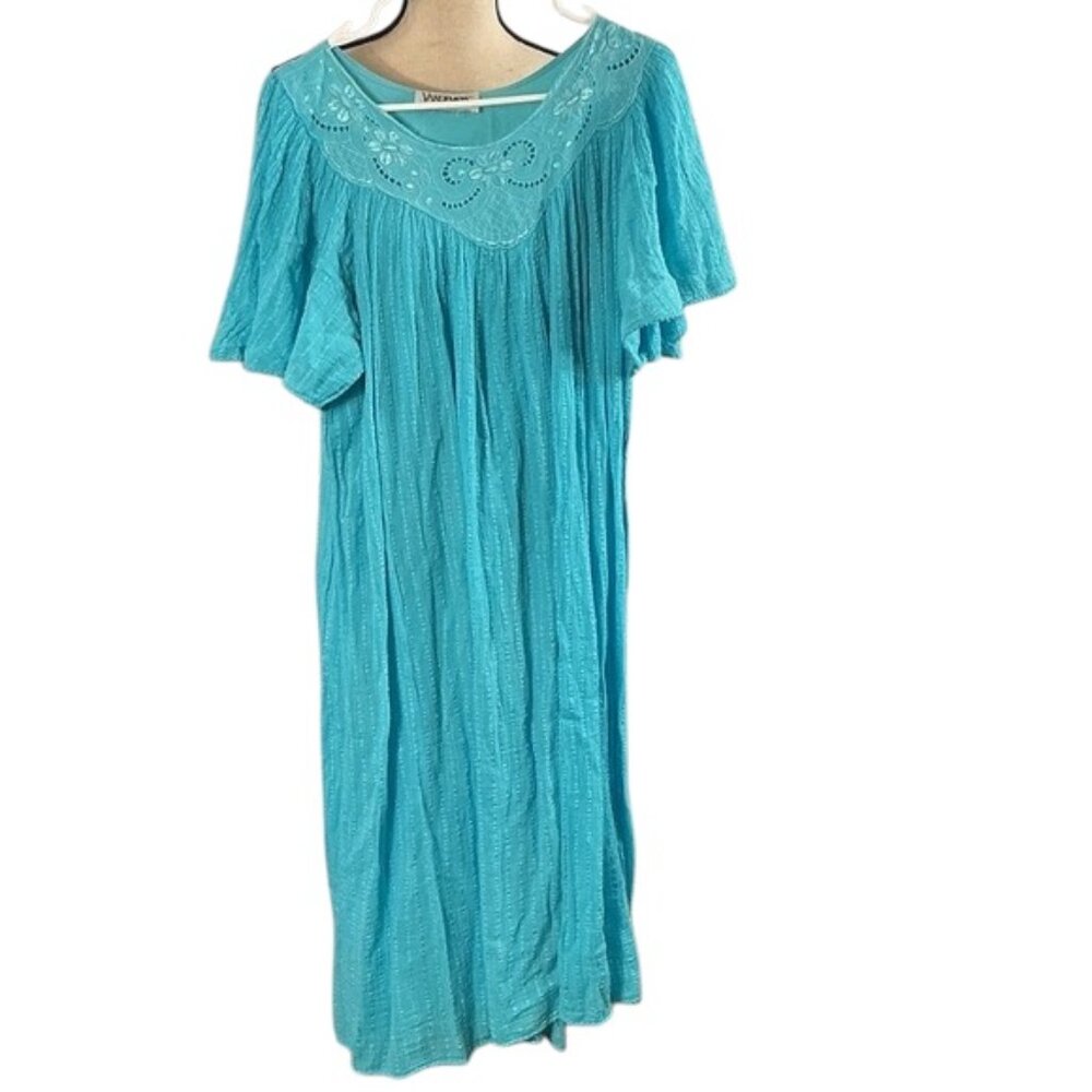 Vandemere Aqua Blue Textured Dress – Vintage Style Embroidered Yoke